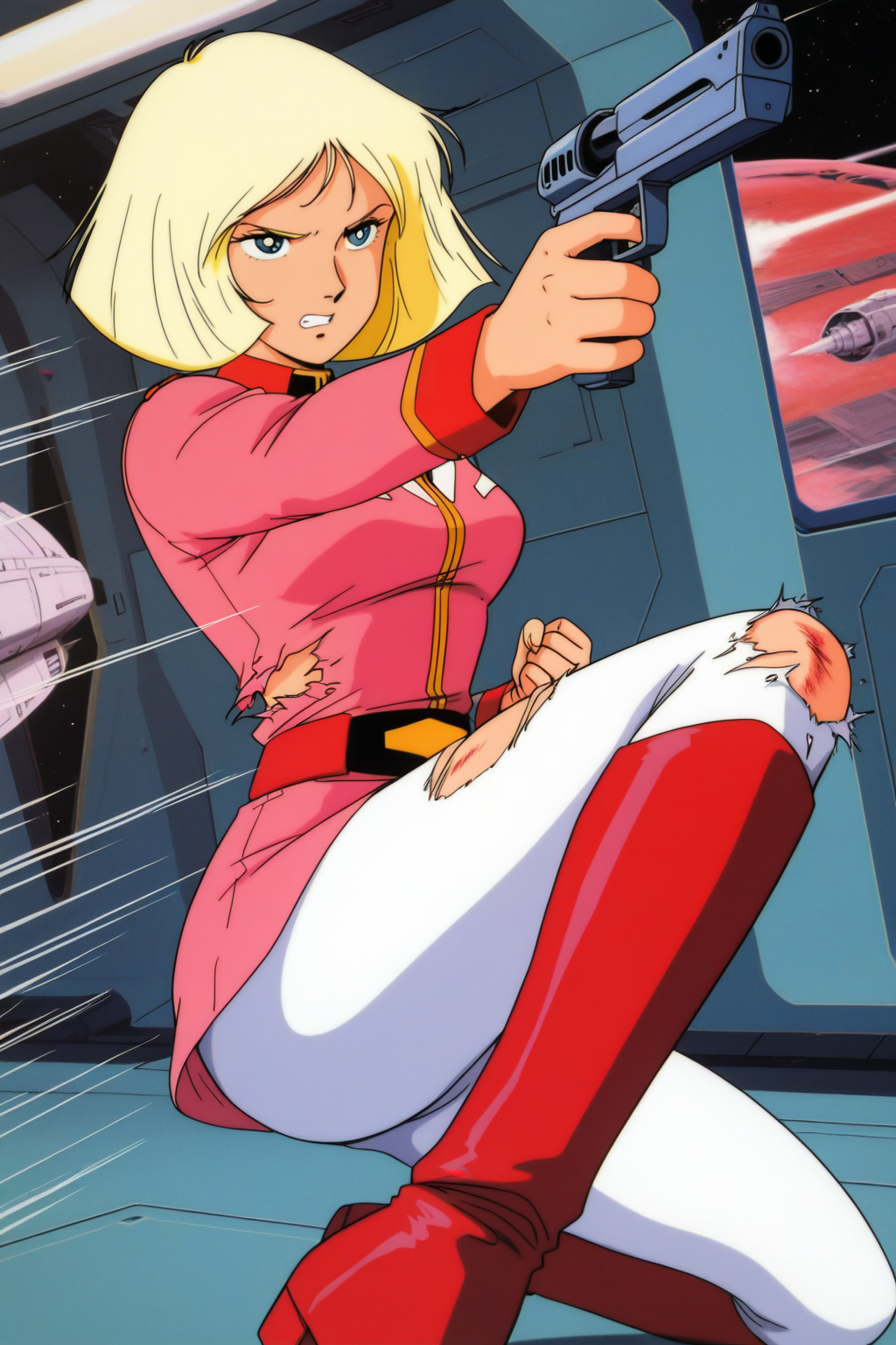 masterpiece, best quality, amazing quality, absurdres, saylamass79, blonde hair, solo, serious, clenched teeth, fighting stance, hurt, wounded, aiming, holding gun, pink military uniform, white pants, torn clothes, red boots, large breasts, upper body, indoors, spacecraft, science fiction, action lines, speed lines, retro artstyle