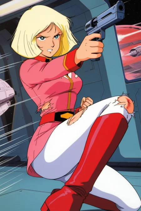 masterpiece, best quality, amazing quality, absurdres, saylamass79, blonde hair, solo, serious, clenched teeth, fighting stance, hurt, wounded, aiming, holding gun, pink military uniform, white pants, torn clothes, red boots, large breasts, upper body, indoors, spacecraft, science fiction, action lines, speed lines, retro artstyle