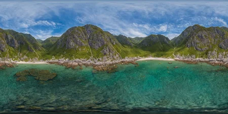 <lora:HMSGèªæå
¨æ¯XL:1>,360panorama,An aerial view of rocks protruding from the sea,creating a mesmerizing pattern on the ocean's canvas. The rocks,emerging like giants from the depths,break the monotonous blue with their rugged,weather-beaten surfaces. Around them,the water swirls in various shades of blue and green,indicating currents and the whisper of marine life beneath. The contrast between the steadfast rocks and the fluid,ever-changing sea paints a picture of resilience and beauty,a testament to the enduring power of nature.,<lora:å
å½±XL:1>,