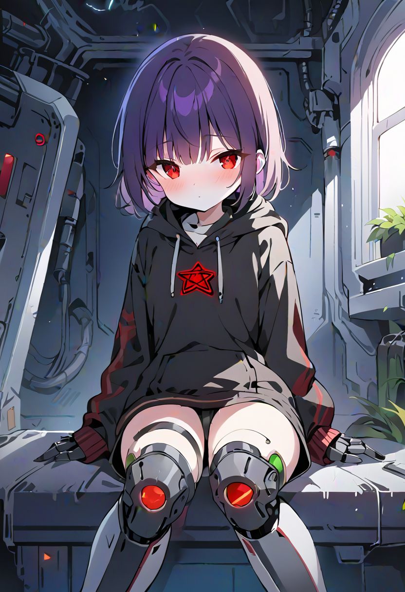 girl, chara, red eyes , dark brown short hair, ((masterpiece)), ((high quality)),best quality, (extremely detailed CG:1.2), Highres, 4K, 8K,big black hoodies, red pentagram on hoodie, black socks, android, robot, joints, mechanical_arms, mechanical legs, purple hair, hollow eyes, red pixel eyes