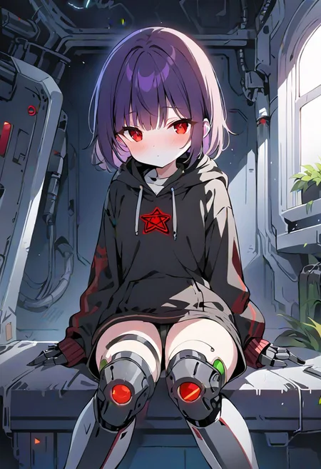 girl, chara, red eyes , dark brown short hair, ((masterpiece)), ((high quality)),best quality, (extremely detailed CG:1.2), Highres, 4K, 8K,big black hoodies, red pentagram on hoodie, black socks, android, robot, joints, mechanical_arms, mechanical legs, purple hair, hollow eyes, red pixel eyes