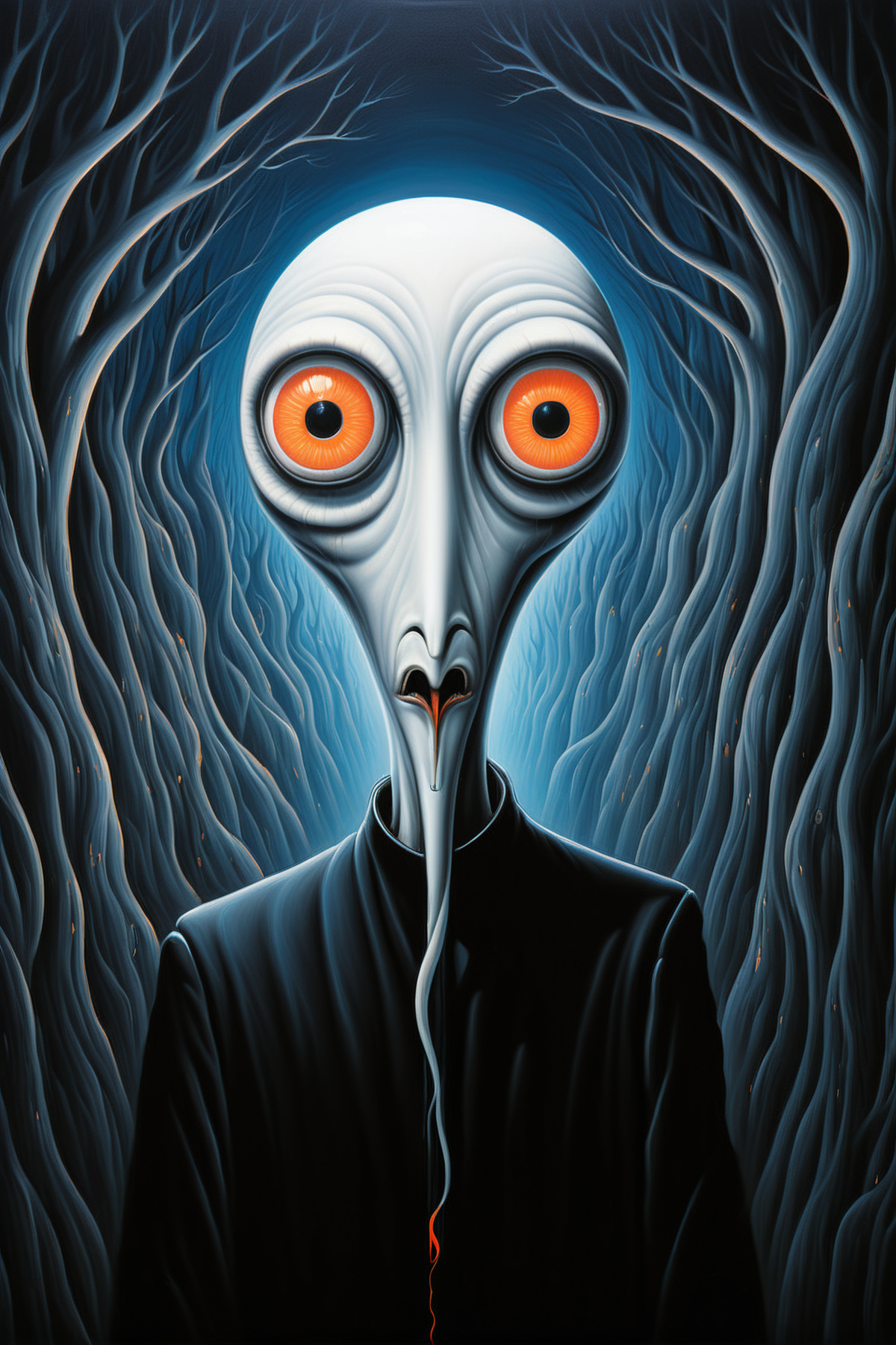 <lora:FF-Style-Rafal-Olbinski.LORA:1> in the style of rafal olbinski, rafal olbinski style,<lora:FF-Style-Edvard-Munch-vpred:0.7>, style of Edvard Munch, <lora:MattSchustyle:1>  MattSchu, (Surreal, abstract:1.3), A air mythical creature, Ultra definição de vampiro biônico ambiente cyberpunk dentes afiados capa preta luzes neon, colorful, infinity, (highly detailed), simple, smooth, and clean details, no jagged lines, smooth, (feathers, pollen, smoke:1.2),