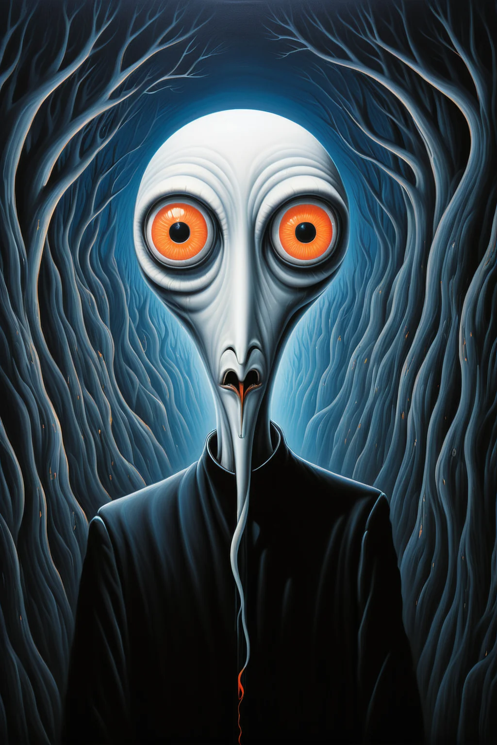 <lora:FF-Style-Rafal-Olbinski.LORA:1> in the style of rafal olbinski, rafal olbinski style,<lora:FF-Style-Edvard-Munch-vpred:0.7>, style of Edvard Munch, <lora:MattSchustyle:1> MattSchu, (Surreal, abstract:1.3), A air mythical creature, Ultra definição de vampiro biônico ambiente cyberpunk dentes afiados capa preta luzes neon, colorful, infinity, (highly detailed), simple, smooth, and clean details, no jagged lines, smooth, (feathers, pollen, smoke:1.2),