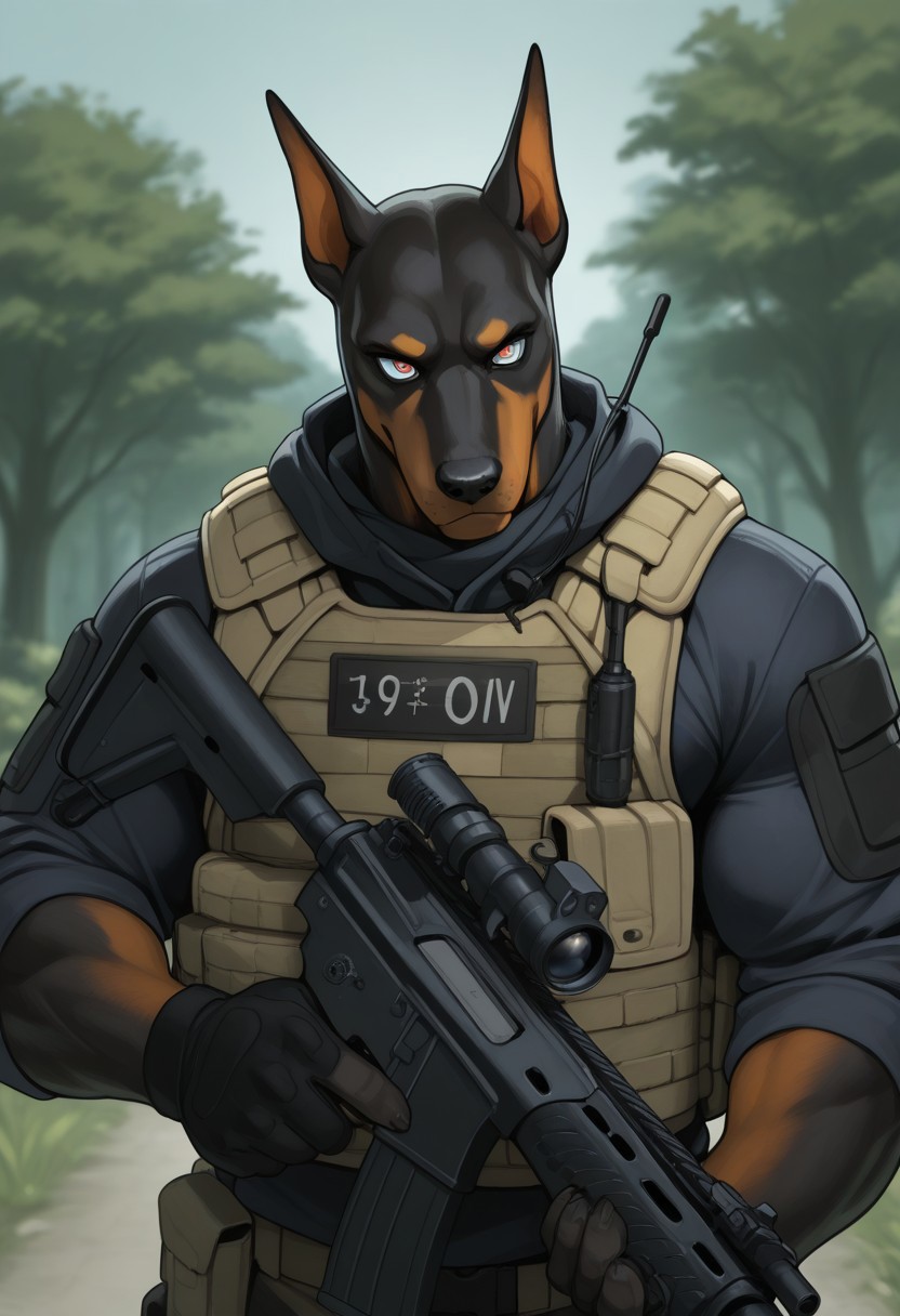 epic-Ultra-HD-details, epic-Ultra-HD-highlights, 2.5D-upscaled-resolution, (highly detailed eyes:1.2), digital-quality, furry-characteristics, furry, masterpiece, best quality, newest, absurdres, highres, 2024, 2023, perfect eyes, amazing quality, perfect eyes, (male, anthro, male focus: 1.4),  ( by nightterror )
BREAK 
( muscle  (assault rifle  ) :1.1)), ( 1boy, solo,  (male only) anthro, )
BREAK 
(male: doberman ) tactic ops uniform,  tactical vest, 
BREAK 
outdoors , detailed background,