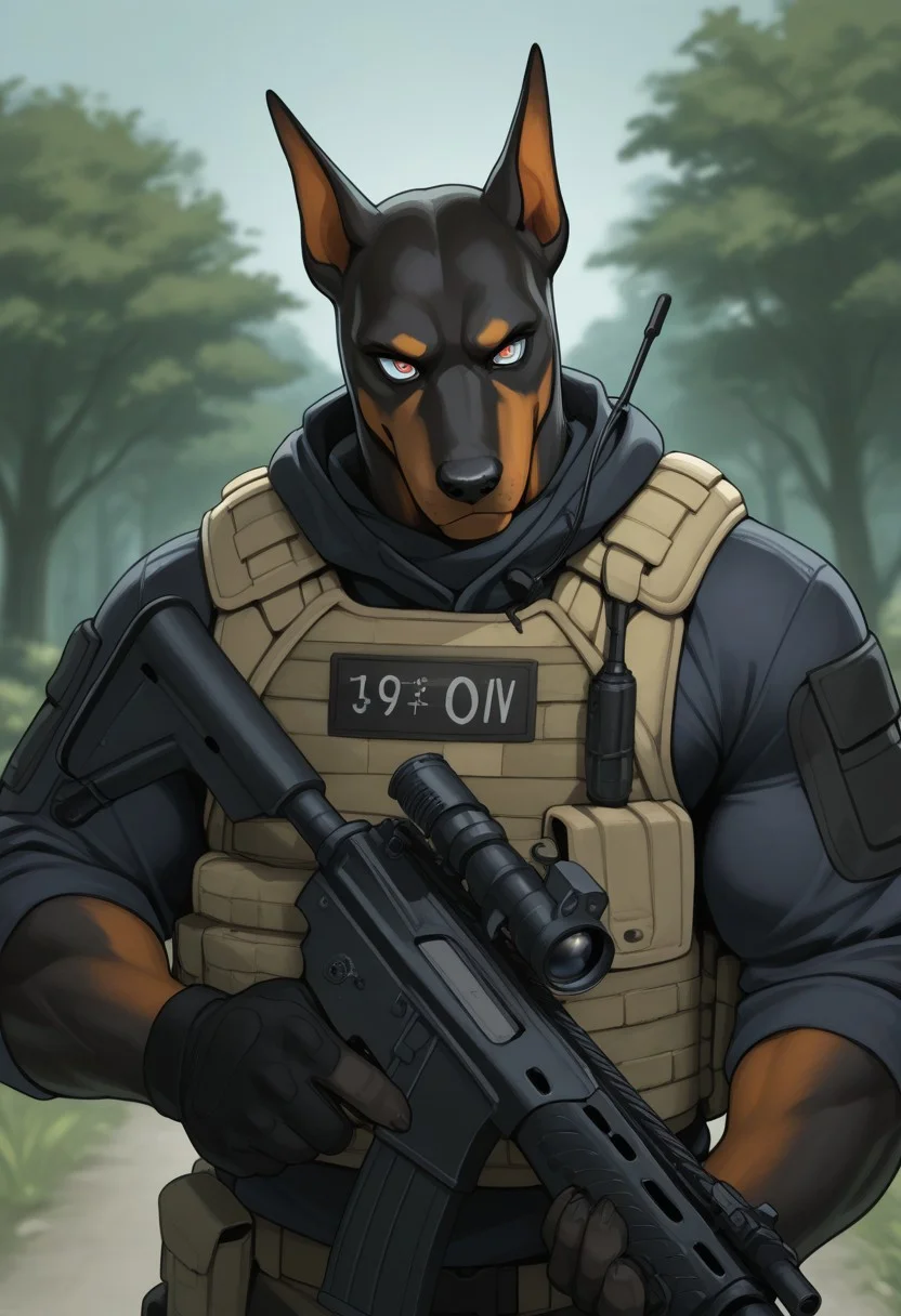 epic-Ultra-HD-details, epic-Ultra-HD-highlights, 2.5D-upscaled-resolution, (highly detailed eyes:1.2), digital-quality, furry-characteristics, furry, masterpiece, best quality, newest, absurdres, highres, 2024, 2023, perfect eyes, amazing quality, perfect eyes, (male, anthro, male focus: 1.4), ( by nightterror )
BREAK
( muscle (assault rifle ) :1.1)), ( 1boy, solo, (male only) anthro, )
BREAK
(male: doberman ) tactic ops uniform, tactical vest,
BREAK
outdoors , detailed background,