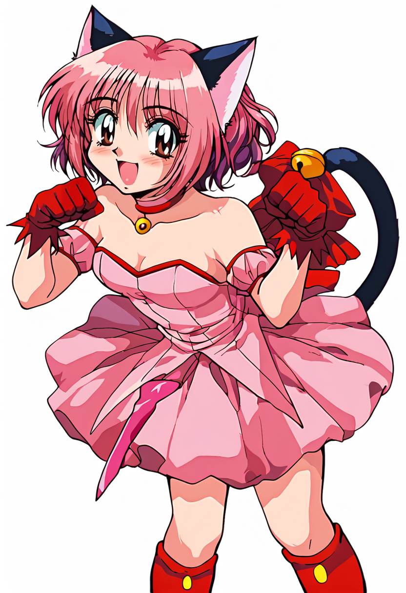 score_9, score_7_up, hd, (ultra hd quality details), white background, 1990s \(style\), retro artstyle, 
solo, 1girl, magenta hair,
mew_ichigo, tail bow, gloves, cat tail, red gloves, tail bell, choker, detached sleeves,pink dress, strapless,
looking at viewer, blush, smile, open mouth, 
standing, paw pose,
<lora:_eyeball_style-elesico-pony-12:1>  <lora:sdxl-lyco-mew_ichigo-original-ponyDiffusionV6XL-prodigy-v2-2-1-000038_1_0+0+0+0+0+0+0+0+1+1+0+0+0+0+1+1+1+0+0+0+0+0+0+0+0+0:0.8>