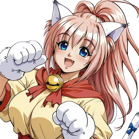 score_9, score_8_up, score_7_up, absurdres, source_anime, 1girl, solo, beautiful eyes, detailed eyes, (white background, simple background:1.3), from below , arms raised in the air, extend arms straight out ,
Melody_Sinclair, paw gloves, paw shoes, cat tail, large breasts,
smile, open mouth, fang, highlights,
pink leotard,yellow dress,yellow skirt,red sash,red scarf,tail ribbon,neck bell,
<lora:PerfectEyesXL:1> perfecteyes, <lora:Melody_Sinclair_v1_rev3-000040:0.8>