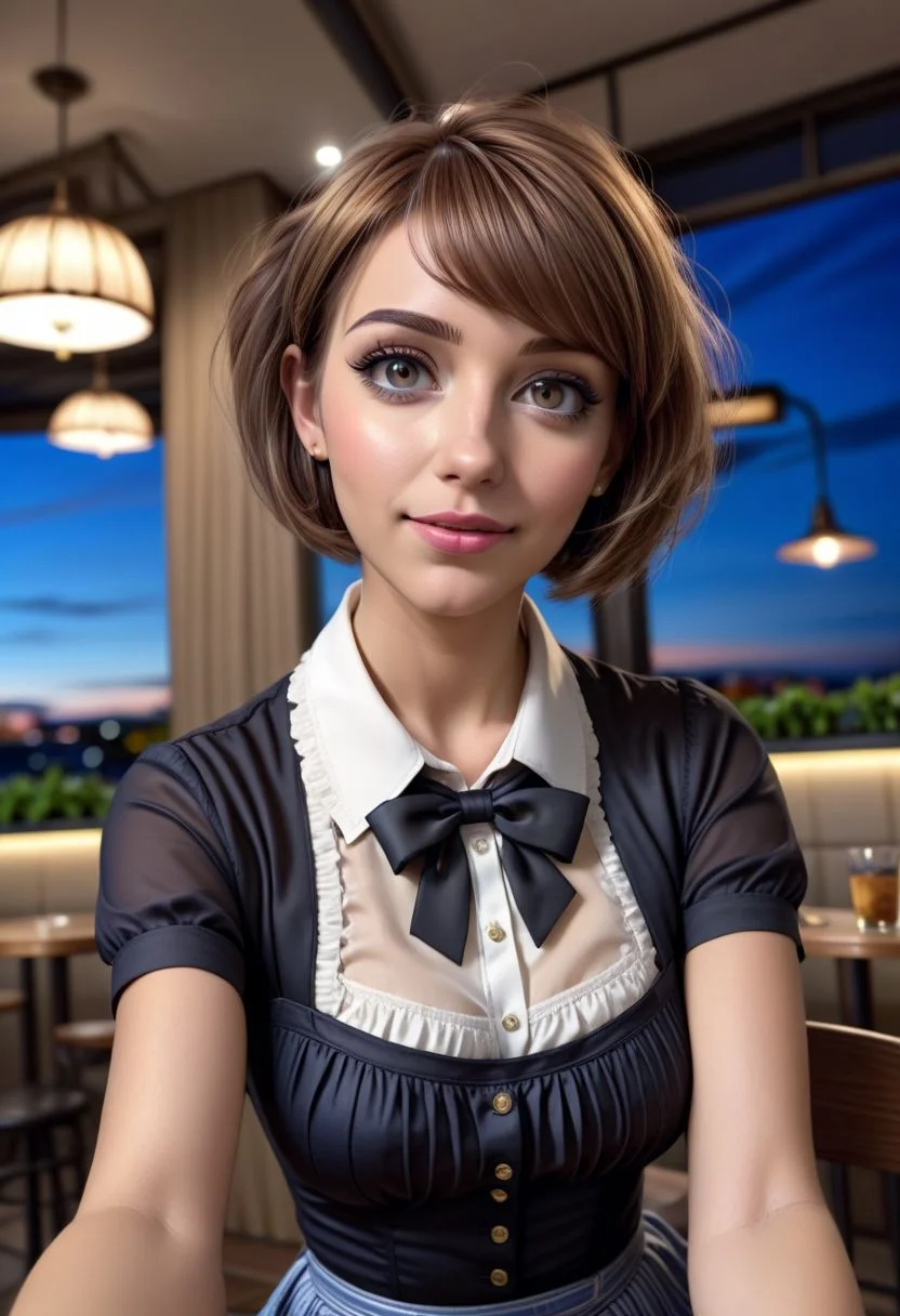 (8k, RAW photo, best quality, masterpiece:1.2), (realistic, photo-realistic:1.37), ultra-detailed,
1 girl, cute, solo, beautiful detailed sky, detailed cafe, night, sitting, dating,(smile:1.1),(closed mouth)
medium breasts, detailed face, detailed eyes, (collared shirt:1.1), bowtie, pleated skirt, (short hair:1.2),