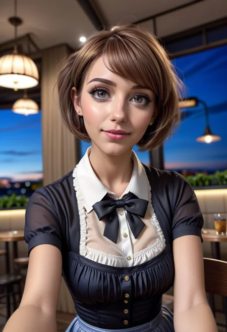 (8k, RAW photo, best quality, masterpiece:1.2), (realistic, photo-realistic:1.37), ultra-detailed,
1 girl, cute, solo, beautiful detailed sky, detailed cafe, night, sitting, dating,(smile:1.1),(closed mouth)
medium breasts, detailed face, detailed eyes, (collared shirt:1.1), bowtie, pleated skirt, (short hair:1.2),