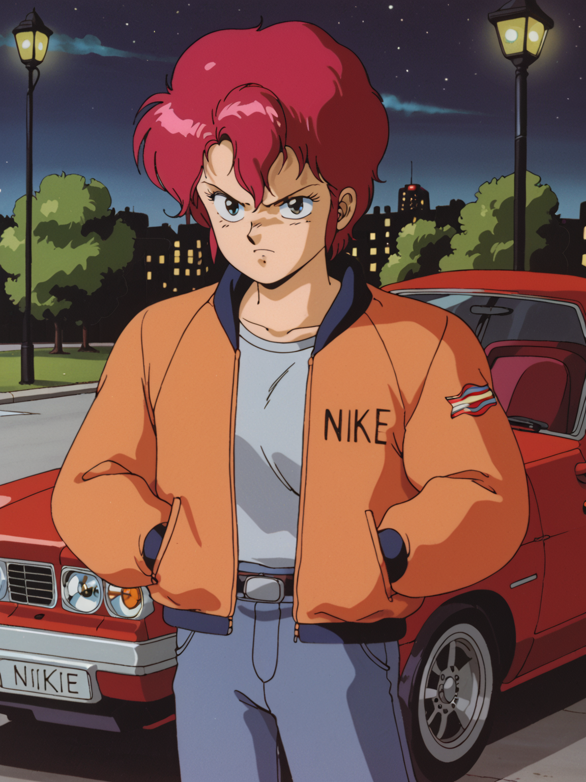 <lora:carrie_(riding_bean):0.9> rbcarrie, red hair, jacket, pocket knife
score_7_up, threating pose, angry expression
1980s /(Style/), car park, night, nighttime