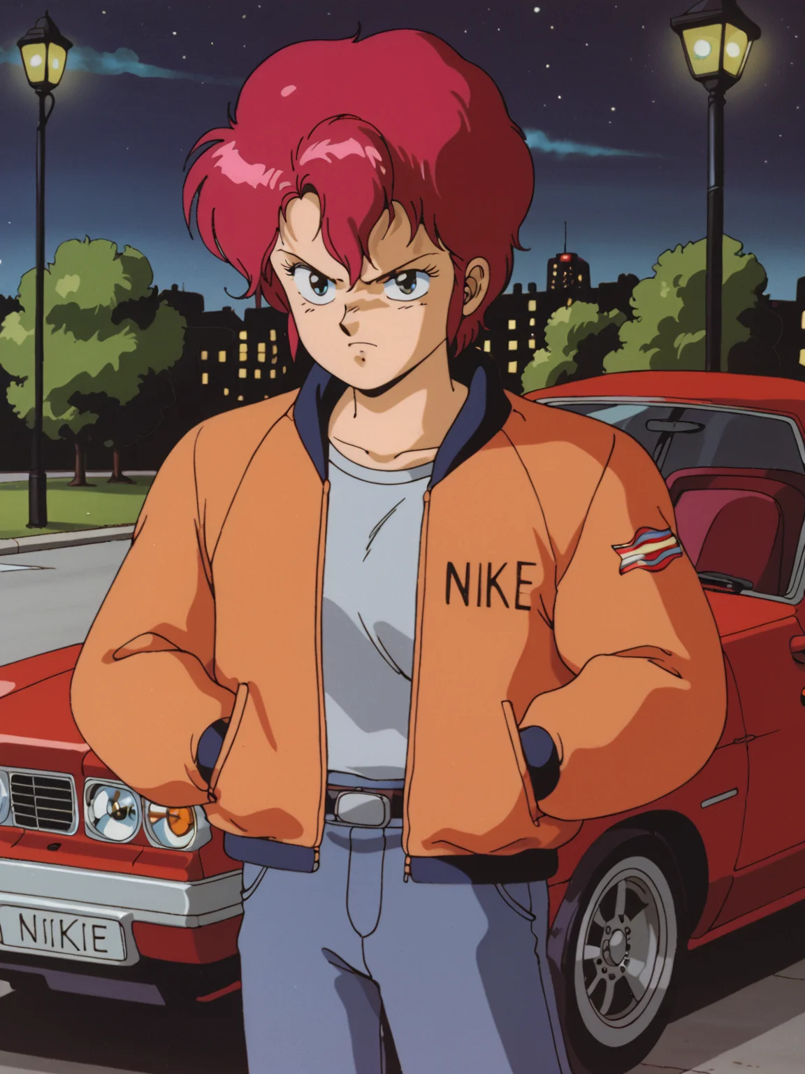 <lora:carrie_(riding_bean):0.9> rbcarrie, red hair, jacket, pocket knife
score_7_up, threating pose, angry expression
1980s /(Style/), car park, night, nighttime