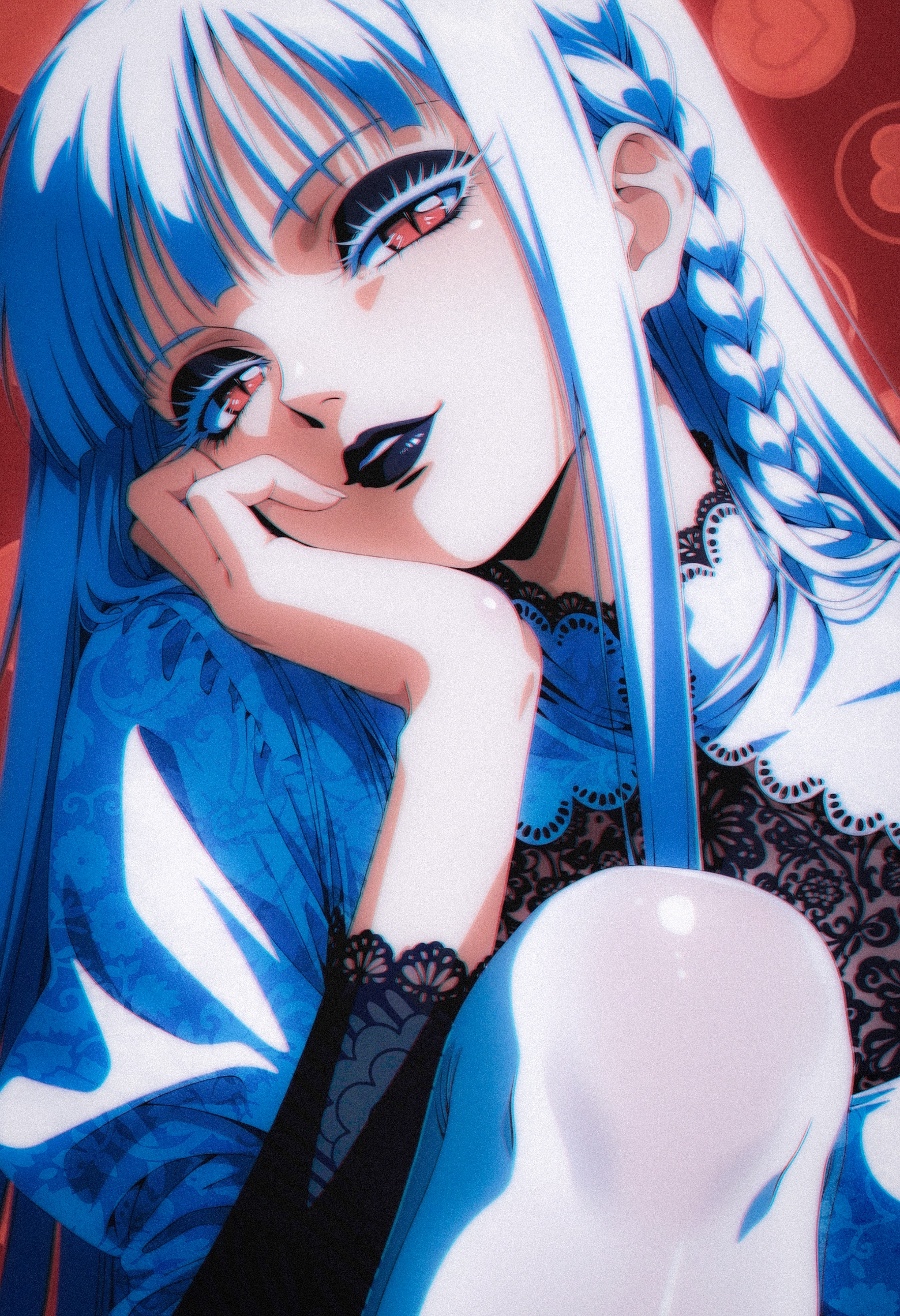 (by
zuharu
:1.25), 1990s \(style\), retro artstyle, 
1girl, solo, white hair, long hair, straight hair, side braid, colored eyelashes, white eyelashes, thick eyelashes, long eyelashes, pale skin, red eyes, slit pupils, black lips, black eyeshadow, 
white gothic dress, white thighhighs, lace trim,  head tilt, head rest, hand on own cheek,  smug, half-closed eyes,  parted lips,  knee to chest, medium breasts, tall female,  aged up,
ultra-detailed,  nose, lips, 
red background, simple background, 
masterpiece, best quality, good quality,