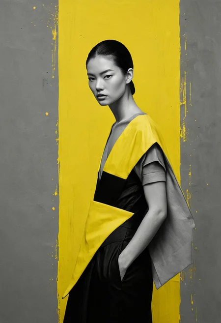 Physical (minimalist:1.4) Avantgarde fashion painting, in fluorecent deep yellow, black and grey, wide shot painting of impeachment, intricate, sharp_focus, fantasy_concept_art. All yellow background. (Simplicity:1.5). brutal contrast. It isn't art if it isn't art, sushi or sashimi