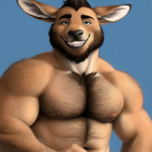 solo, male, furry, kangaroo, 1boy, adult, daddy, hairy chest, shirtless, waist up view, nipples, beard, short hair, smile, wink, rubbing stomach, chest hair, stomach hair, arm hair, pubic hair, high quality,