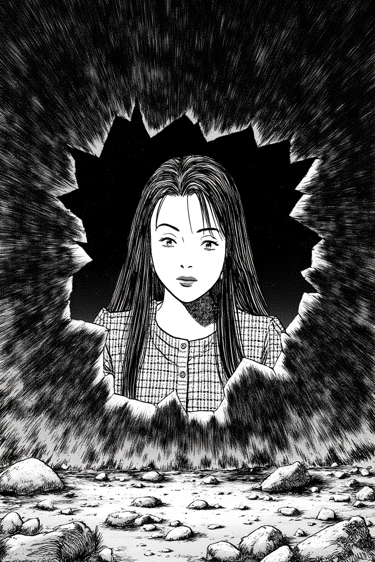 black and white manga naoUrasawa style image of a surreal image of a small woman's head emerging from a huge dark wal. The wall around her head is broken. The woman's expression is serene.