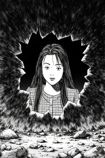 black and white manga naoUrasawa style image of a surreal image of a small woman's head emerging from a huge dark wal. The wall around her head is broken. The woman's expression is serene.
