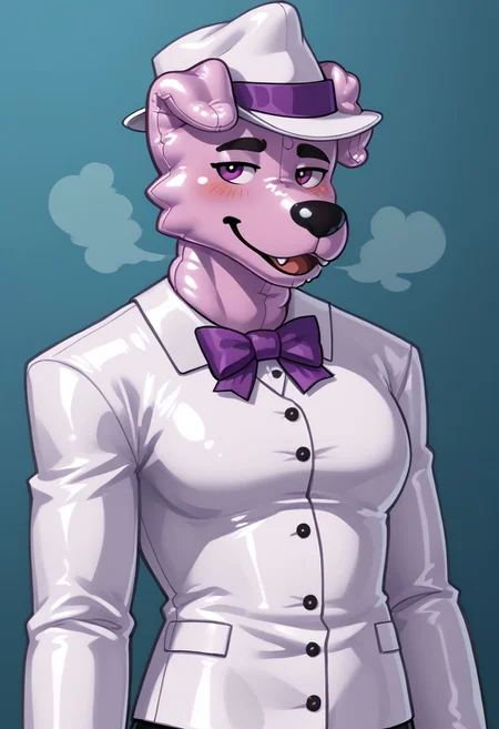 score_9, score_8_up, score_7_up, Latex rubber, (seams), (((living inflatable))), (detailed latex body), Balloongirl, (horny), (latex rubber body), large breasts, (source_furry), (source_anime), anime screenshot ((Waist up)), ((half-length portrait)), anthro, 1girl, anthro, furry female, uhyeah, erotic pose, purple latex rubber skin, anthro dog, white fedora, spoken heart, blushing, looking at viewer, (((Seams, seams on skin, seams on body, facial seam, seams down face, seam down center of face, seam up entire middle of body))), (((glossy skin, glossy face))), featureless breasts, zynflatable, pooltoy, toy nozzle, belly nozzle, standing, steam, plinflatable, (toy proportions), simplistic background,