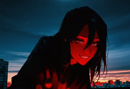 cityscape shot with  <lora:lif:1> lifmfl, 1girl, solo, black hair, red eyes, black nails, smile, long hair, hair between eyes, grin, shirt, looking at viewer, upper body, outdoors, black shirt, nail polish, makeup, jewelry,
detailed backgroud,foreshortening,blurry edges, soft lighting, intricate details , depth of field, foreshortening,(masterpiece, best quality), safe, amazing quality, very aesthetic, absurdres, highres, newest,  <lora:nhl-001:0.8> nhl-001, limited palette, realistic, photo background, full body,
black hair, cloud, cloudy sky, black jacket, long hair, female focus, moonlight, night, night sky, outdoors, planet, sky, solo, star \(sky\), striped, striped pants, track jacket, upper body,  ebenya, building, city, rainy day in a small Russian town <lora:ebenya:0.8> Ebenya <lora:DarkerThanBlackIllustrious:0.9>. Urban, skyline, architectural, dynamic
