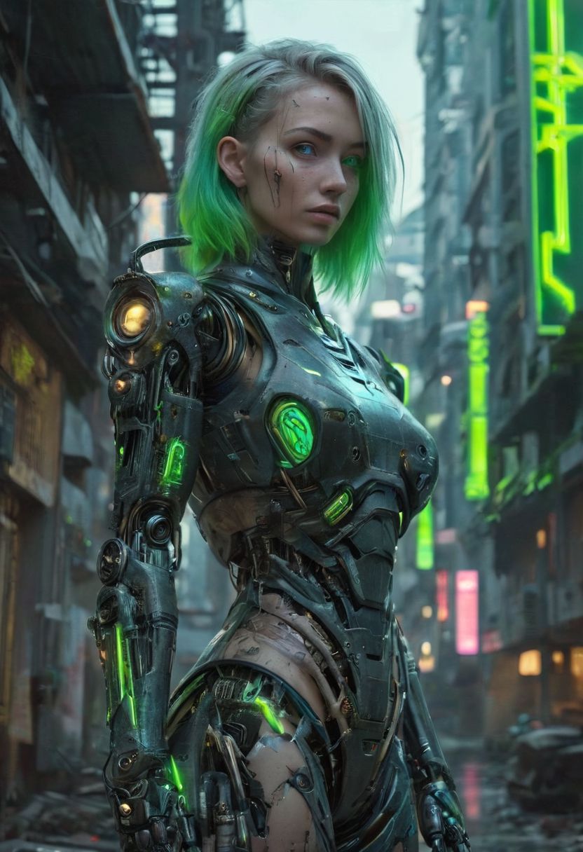 ((Cyberpunk female)), ((asymmetric hair, blue and green gradient hair)), ((blue eyes)), ((sensual pose)), ((black robotic armor , green neon)), full body, eye focus, ((apocalytic set, desolated land, destroyed city)), Night, photorealistic, <lora:ral-frctlgmtry-sdxl:0.5>, Cyberpunk