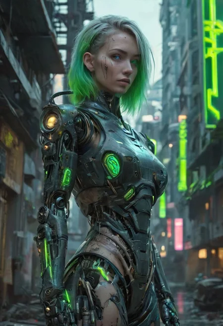 ((Cyberpunk female)), ((asymmetric hair, blue and green gradient hair)), ((blue eyes)), ((sensual pose)), ((black robotic armor , green neon)), full body, eye focus, ((apocalytic set, desolated land, destroyed city)), Night, photorealistic, <lora:ral-frctlgmtry-sdxl:0.5>, Cyberpunk