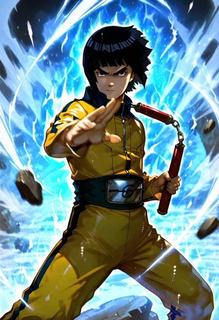 perfect quality, best quality, absolutely eye-catching, cinematic, (masterpiece), (ultra-detailed), very aesthetic, illustration, perfect composition, ultra detailed face, detailed eyes,
1boy, solo,
rock lee(Naruto),
black hair, black eyes,
bruce-lee-alike jumpsuit, yellow jumpsuit,
nunchucks, weapon, chains, aura, holding, instrument, motion blur, fight stance,
(holding nunchaku:1.1),
nunchaku,
ultra_instinct, white and blue aura, floating hair, fight stance,