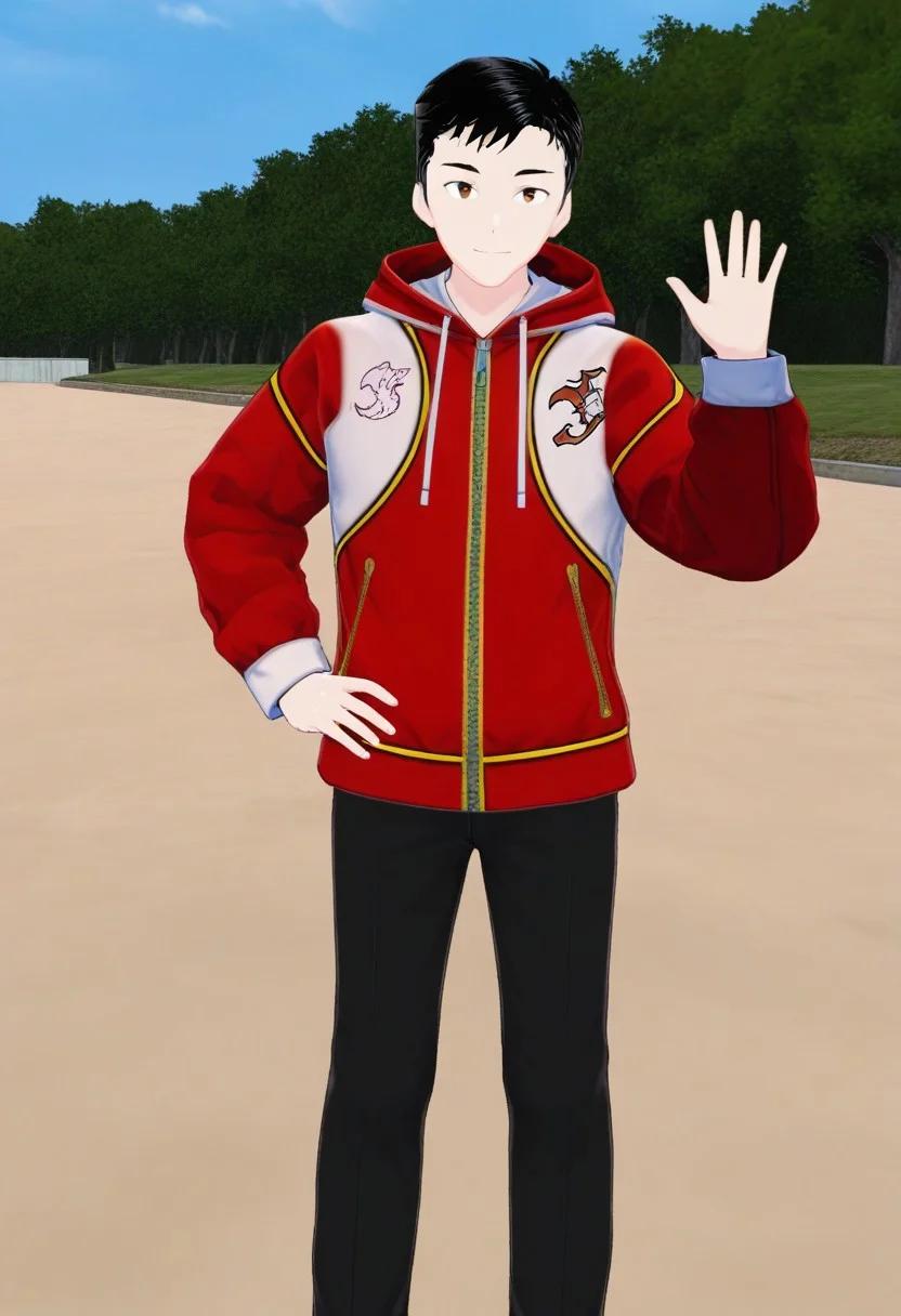harmard, black hair, short hair, brown eyes, 1boy, solo, solo focus, red_white_jacket, black pants, young man, youthful, outdoor setting, right hand waving gesture, left hand leans on hip, young, youthful
