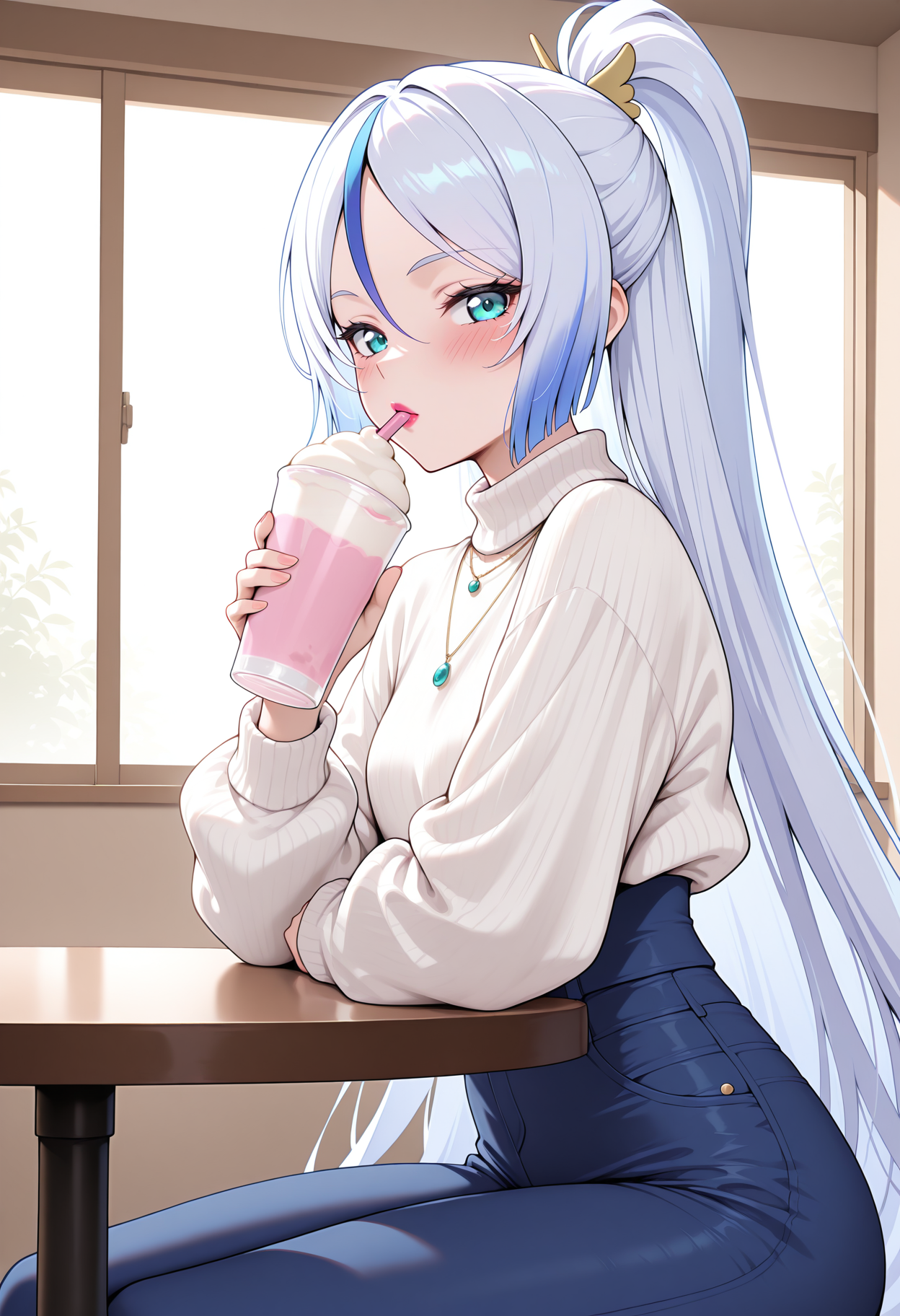 highres, best quality, masterpiece,
1girl, solo, blush,
 indoors, table, window, purishla, white hair, very long hair, streaked hair, blue hair, ponytail, aqua eyes, lipstick, shlacas, white sweater, long sleeves, necklace, high-waist pants, blue pants, looking at viewer, sitting, drinking, milkshake, looking at viewer, <lora:_captain_shalala-elesico-ilxl-000014:1>