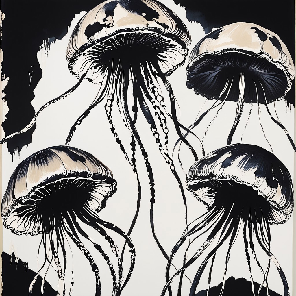 ArsMJStyle, Brushstrokes, The image shows a painting of jellyfish on a black and white background. The jellyfish are depicted in a realistic style with their long tentacles and bell-shaped bodies clearly visible. The painting is done in a muted color palette with the black background providing a stark contrast to the white jellyfish., traditional media, monochrome, 1girl, no humans, abstract