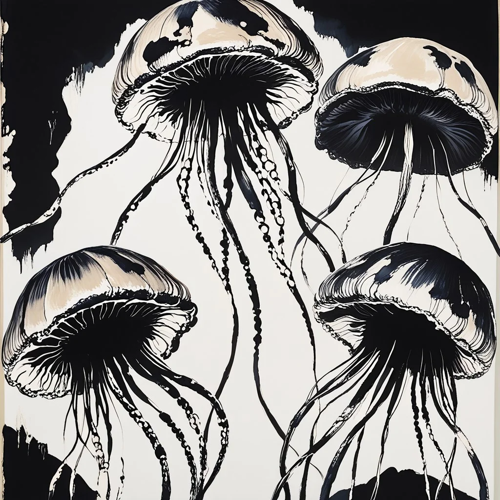 ArsMJStyle, Brushstrokes, The image shows a painting of jellyfish on a black and white background. The jellyfish are depicted in a realistic style with their long tentacles and bell-shaped bodies clearly visible. The painting is done in a muted color palette with the black background providing a stark contrast to the white jellyfish., traditional media, monochrome, 1girl, no humans, abstract