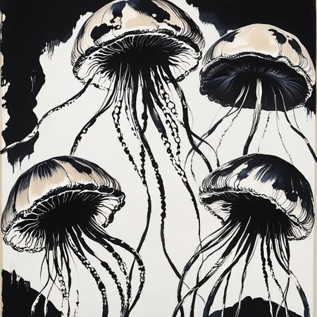 ArsMJStyle, Brushstrokes, The image shows a painting of jellyfish on a black and white background. The jellyfish are depicted in a realistic style with their long tentacles and bell-shaped bodies clearly visible. The painting is done in a muted color palette with the black background providing a stark contrast to the white jellyfish., traditional media, monochrome, 1girl, no humans, abstract