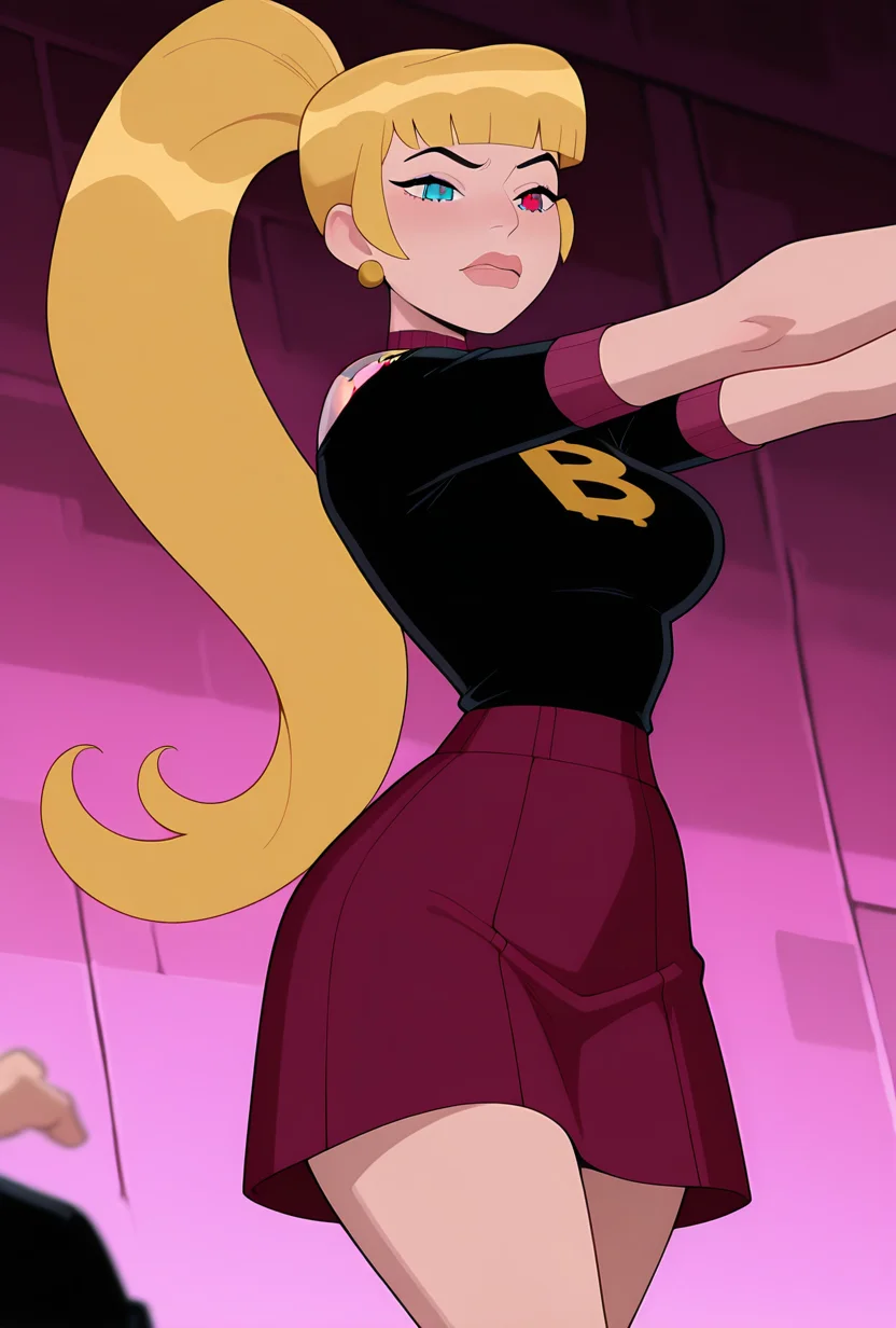 <lora:mazuma-10:1> mazuma, blonde hair, ponytail, long hair, 1girl, earrings, black shirt, short sleeves, short skirt, red blue eyes, heterochromia, shirt over skirt, lips, maroon skirt, ((cartoon, screencap)), dynamic pose, expressive, amazing quality, best quality, facial expression , foreground blur, background blur, oversized short, off shoulder, outstretched arms, short,, masterpiece, best quality, amazing quality, very aesthetic, absurdres, newest,