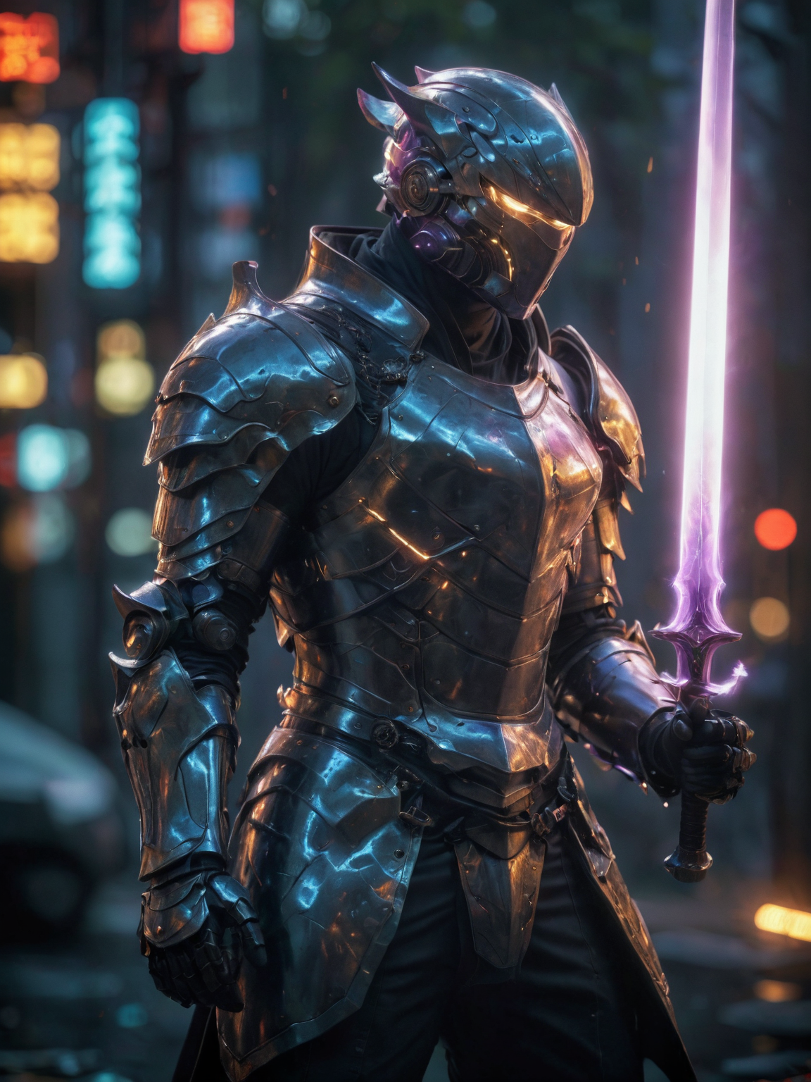 (masterpiece, best quality, ultra-detailed, best shadow), cinematic film still, photo of a man wearing a high tech scifi armor, samurai armor, male focus, armor, solo, cape, menpo, glowing eyes, blurry background, katana sword handle on back, power armor, knee protection, standing science fiction, glowneon  <lora:aesthetic_anime_v1s:1.2> <lora:glowneon_xl_v1:1> <lora:add-detail-xl:0.8>