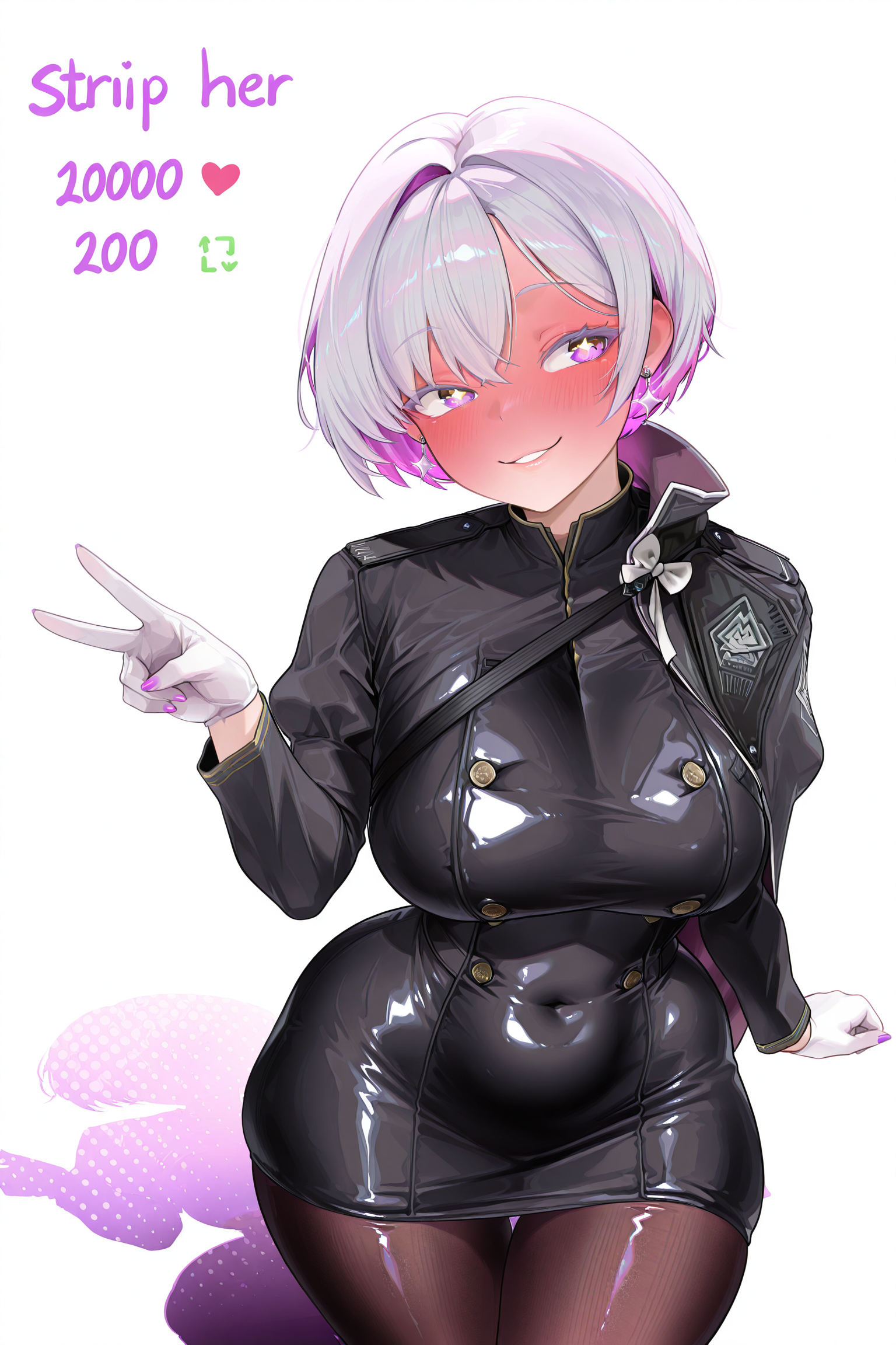 masterpiece, best quality, absurdres, newest, very aesthetic, amazing quality, highres, scenery, parted lips, perfect body, well-defined fingers,well-defined fingernails, curvy, wide hips, thick thighs, body blush,(lips),shiny skin, shiny, fine fabric emphasis, shiny clothes, shiny hair,  huge filesize, glitter nails, dynamic pose, naughty face, Composition, foreshortening, positioning, pose, improved pose,body composition, facial expression, expression, intensely saturated lighting effects, HDR-like contrast, vibrant color palette, glowing lights, surreal lighting, HDR effect, cinematic vividness, intricate details,masterpiece, very aesthetic, absurdres, abstract shapes, halftone, eyesHD, detailed eyes, high definition eyes, colored eyelashes, squishy breasts, sagging breasts, (shaded, shadow, countershading:1.3), white background, simple background, double v,  <lora:midis_SocialMediaLikeAndShare_V0.54[IL]:1> txt "strip her", simple background, full-face blush, looking to the side, goddess_of_victory:_nikke liliweiss_(nikke) +_+ 1girl aiguillette arm_under_breasts black_cape black_dress blush breasts buttons cape colored_inner_hair covered_navel cowboy_shot double-breasted dress earrings epaulettes gloves gradient_eyes grey_hair hair_between_eyes jewelry large_breasts long_sleeves looking_at_viewer multicolored_eyes multicolored_hair parted_lips purple_hair short_hair sidelocks simple_background smile solo standing star-shaped_pupils star_(symbol) symbol-shaped_pupils tight_clothes tight_dress two-tone_hair white_background white_gloves <lora:checkpoint-e75_s975:1>