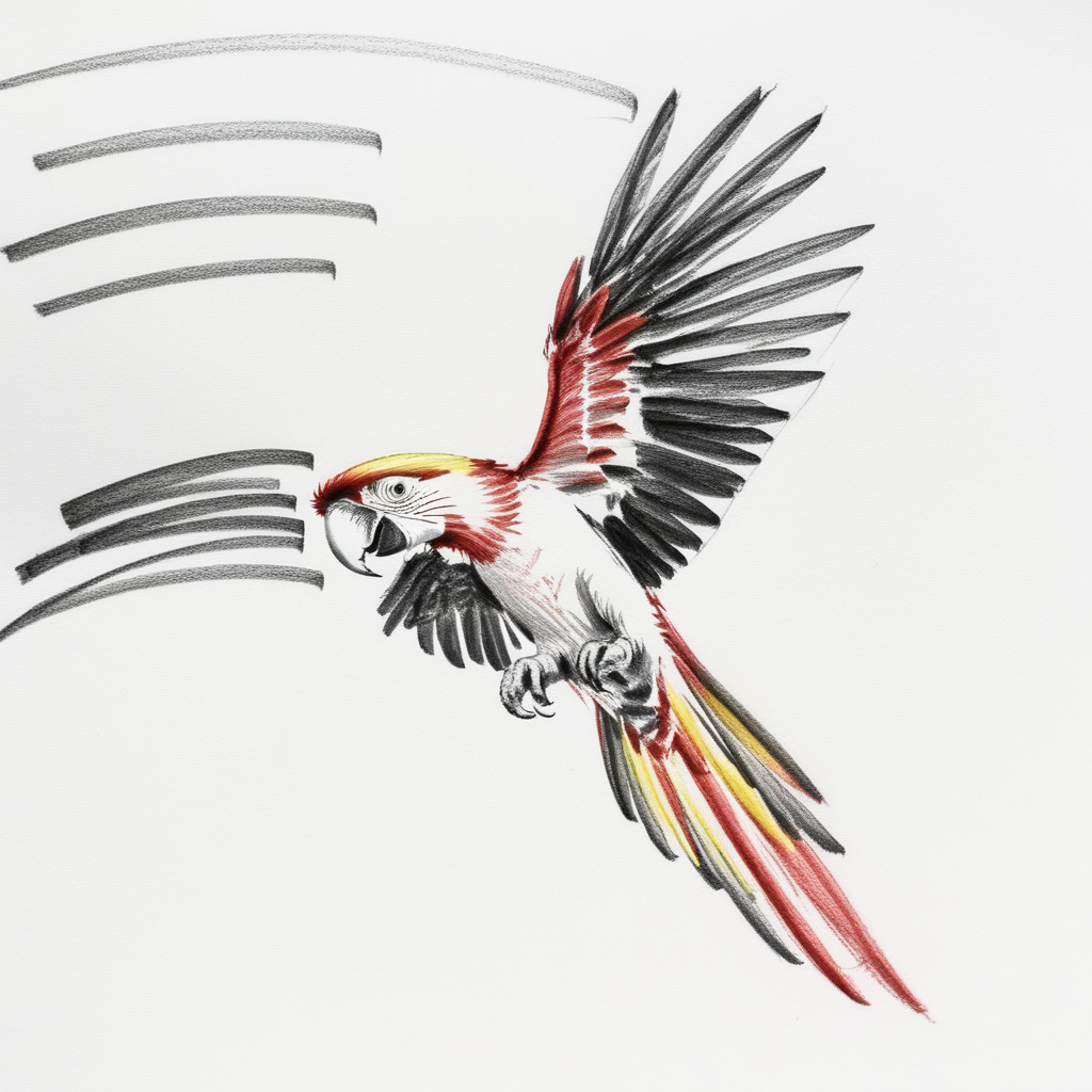 a pencil sketch with bold lines of a macaw flying