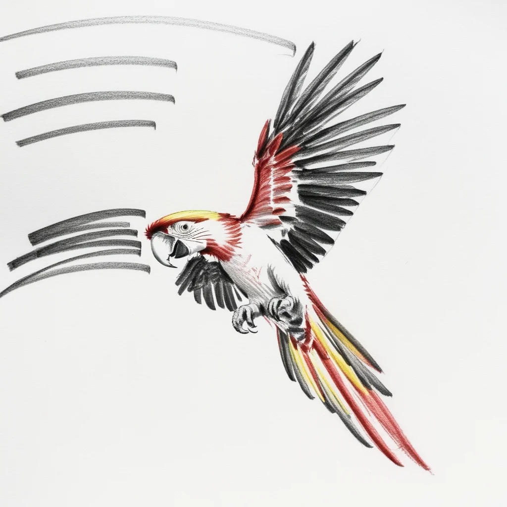a pencil sketch with bold lines of a macaw flying