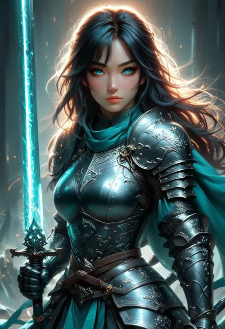 hkstyle FFROA, A knight holding her sword, anime, Cyan teal black white, beautiful face, anime, martial arts sword pose, glowing sword