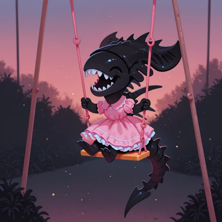 masterpiece, best quality, amazing quality, very aesthetic, absurdres, newest, pikaole, cute, (solo), xenif, teeth, sharp teeth, tail, no humans, monster, colored skin, black skin, claws, spikes, frilly pink dress, happy, laughing, riding swing, garden, dusk, close up, from front, <lora:XenomorphQueenIL:1> <lora:pikaole:1>