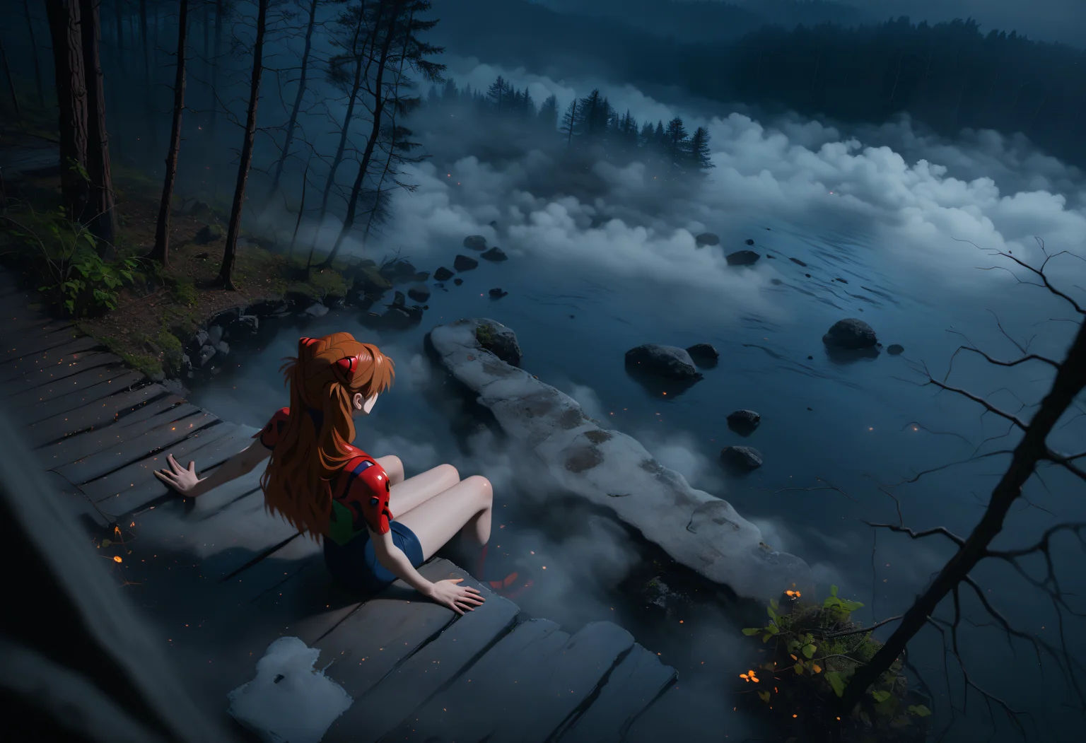 score_9, score_8_up, score_7_up, 1girl, souryuu_asuka_langley, neon_genesis_evangelion, blue_eyes, orange_hair, high-angle view, frontbend, outdoors, neural network, embedding:l4k3