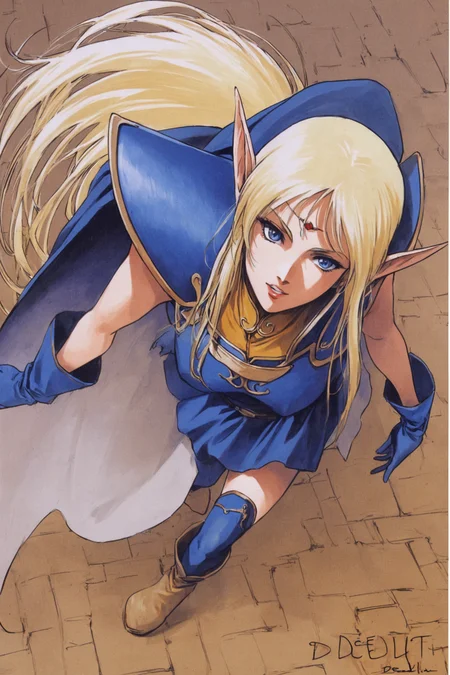 1girl,Deedlit,solo,pointy ears,long hair,blonde hair,gloves,elf,blue gloves,cape,blue cape,blue eyes,boots,from above,circlet,very long hair,character name,shoulder armor,parted lips,looking at viewer,white background,retro artstyle,traditional media,marker_(medium),<lora:Yutaka Izubuchi_XL:0.8>,