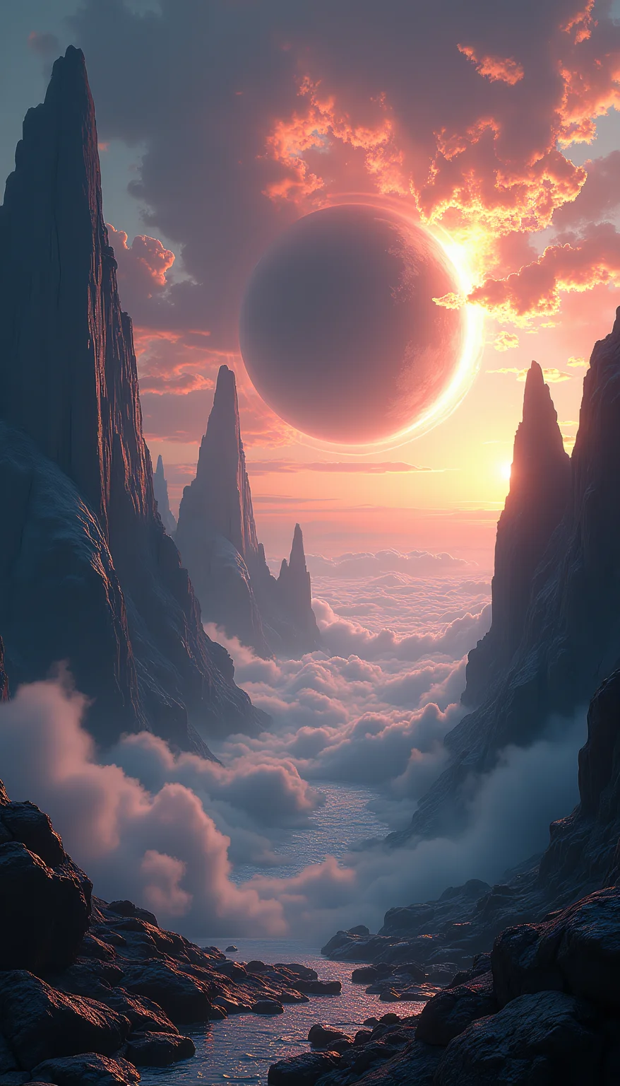 a mysterious planet filled with thick gas fog, in the sky there is a super massive black hole, rocks floating without gravity, a stunning and spectacular view, with towering rock formations carved by tghe wind and erosuin illuminated by the light, the sky filled with mysterious nebula clouds. Masterpiece, extreme detailed