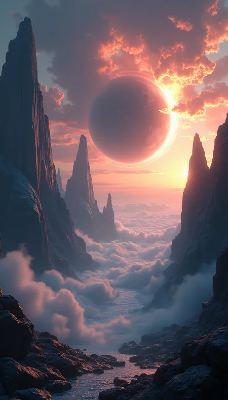 a mysterious planet filled with thick gas fog, in the sky there is a super massive black hole, rocks floating without gravity, a stunning and spectacular view, with towering rock formations carved by tghe wind and erosuin illuminated by the light, the sky filled with mysterious nebula clouds. Masterpiece, extreme detailed