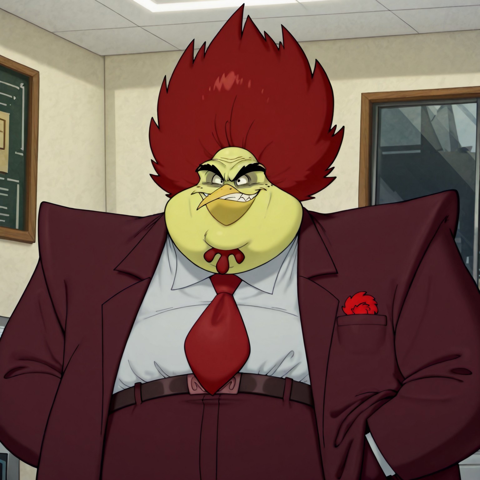 masterpiece, best quality, high quality, detailed, score_9, score_8_up, score_7_up, Claudio, solo, furry male, older male, forehead wrinkles, age marks, beak, red hair, fat, wide shoulders, thick eyebrows, formal, white undershirt, reddish brown suit, belt, reddish brown pants, eye bags, red hair, black shoes, red wattle, yellow skin, chicken, red flower on breast pocket, indoors, home office, large window, evil grin, teeth, standing, chubby, 