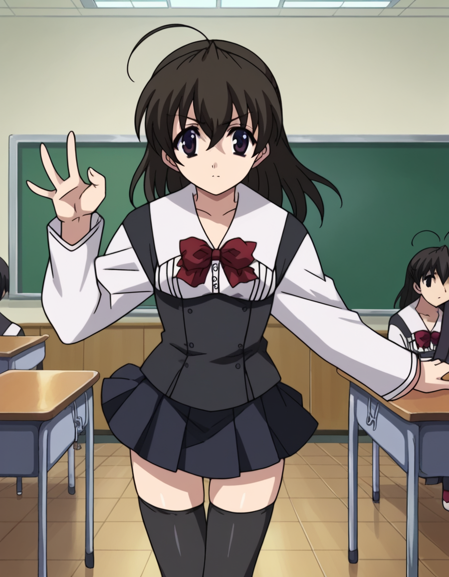 score_9, score_8_up, score_7_up, source_anime,
sekaisaionji, <lora:sekai-saionji-ponyxl-lora-nochekaiser:1>,
sekai saionji, black hair, brown eyes, ahoge,
skirt, thighhighs, school uniform, shoes, black thighhighs, zettai ryouiki,
indoors, classroom,
looking at viewer, cowboy shot, dynamic pose,