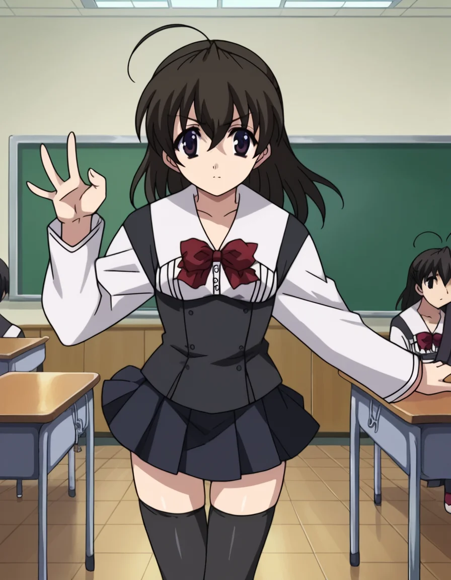 score_9, score_8_up, score_7_up, source_anime,
sekaisaionji, <lora:sekai-saionji-ponyxl-lora-nochekaiser:1>,
sekai saionji, black hair, brown eyes, ahoge,
skirt, thighhighs, school uniform, shoes, black thighhighs, zettai ryouiki,
indoors, classroom,
looking at viewer, cowboy shot, dynamic pose,