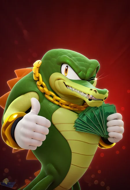 score_9, score_8_up, score_7_up, depth of field, ambient occlusion, bokeh, cel shading, black illustration lines, cinematic lighting, Expressiveh, hoovesart, gloves, Source:Sonic the Hedgehog, solo, male, Vector the crocodile, looking at viewer, gold chain, thumbs up, one eye closed, grin, smile, money, holding money, portrait, cropped torso, gangstersb,