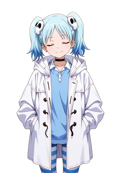 masterpiece,high quality details, absurdres,
<lora:Izutsumi_Marín:0.8>
izutsumi_cnr, 1girl, blue hair,yellow eyes, multicolored hair, skull hair ornament, twintails, black choker,ear piercing,, simple background, white background, front view,solo,, seductive smile,depressed,, ^ ^,, ultra realistic, high detailed skin,, polo shirt,duffle coat ,leggings, ,striped pantyhose,