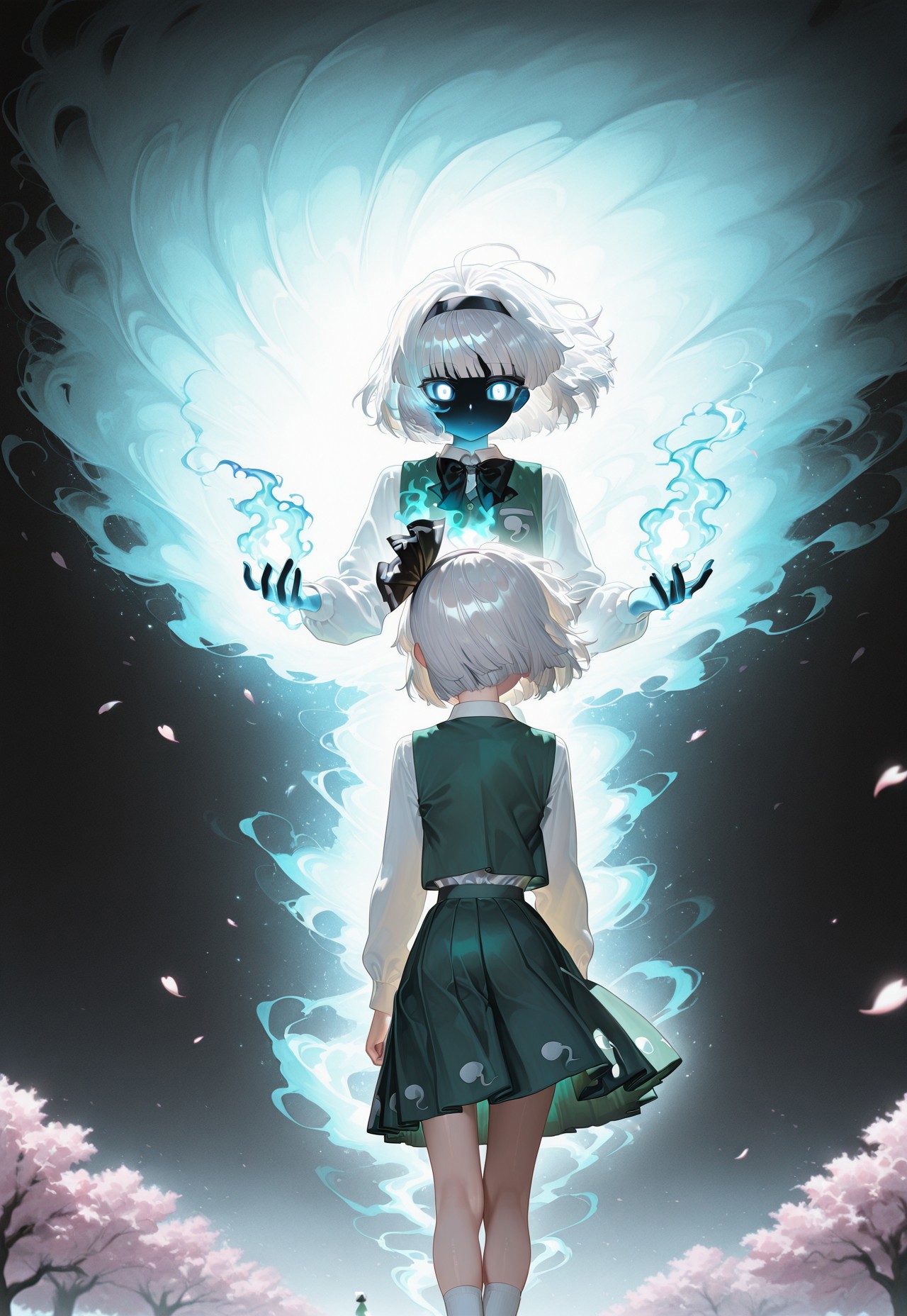 15546+456868, (masterpiece:1.2), best quality, very awa, very aesthetic, absurdres, perfect quality, newest, highres, (4k, 8k, Ultra HD), (ultra-detailed:1.2), very aesthetic, cinematic, glowing particles, (detailed hands:1.1), detailed eyes, beautiful eyes, glowing eyes, dark theme, silhouette, 
konpaku youmu, 2girls, solo, white hair, short hair, blunt bangs, blue eyes, hairband, hair ribbon, black ribbon, black bowtie, white shirt, collared shirt, green vest, green skirt, socks, 
ghostly wisps, ghost, (dual persona), cherry blossoms, cherry blossoms in the wind, ethereal aura, dramatic lighting, floating hair, close up, from behind, dynamic angle, dynamic pose
