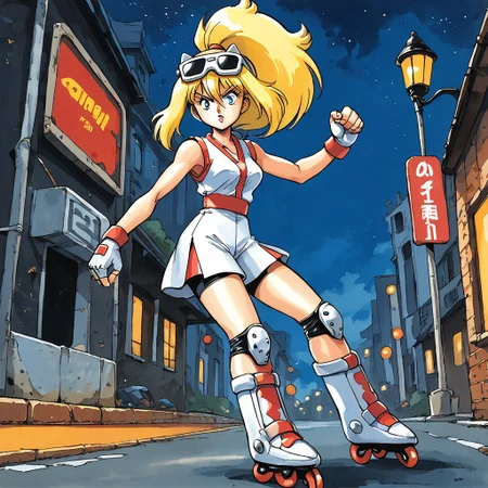 score_9, score_8_up, score_7_up, source_anime, ken sugimori, watercolor \(medium\):0.55, detailed background
EnD_1980s_Style, 1980s (style), retro artstyle, d3t41l3d, from side, solo, female focus
BREAK
wide shot, dutch angle BREAK, korrina, blonde hair, bangs, hair between eyes, sleeveless, white shirt, toned:0.25, white shorts, navel, blue eyes, sunglasses on head BREAK, fingerless gloves, reinforced gauntlets, elbow pads, knee pads, rollerblades|white boots, dynamic, fighting stance, full body, night, city streets, orange lights, streetlamps, neon signs, trash cans, pavement,