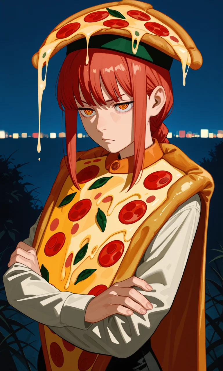 embedding:IllusP0s, sa1t, painterly, (pizza costume:1.3), pizza hat, makima_\(chainsaw_man\), sidelocks, ringed pupils, annoyed, arms crossed, contrast lighting, night, outdoors,<lora:sait.safetensors:1.3:1.3>