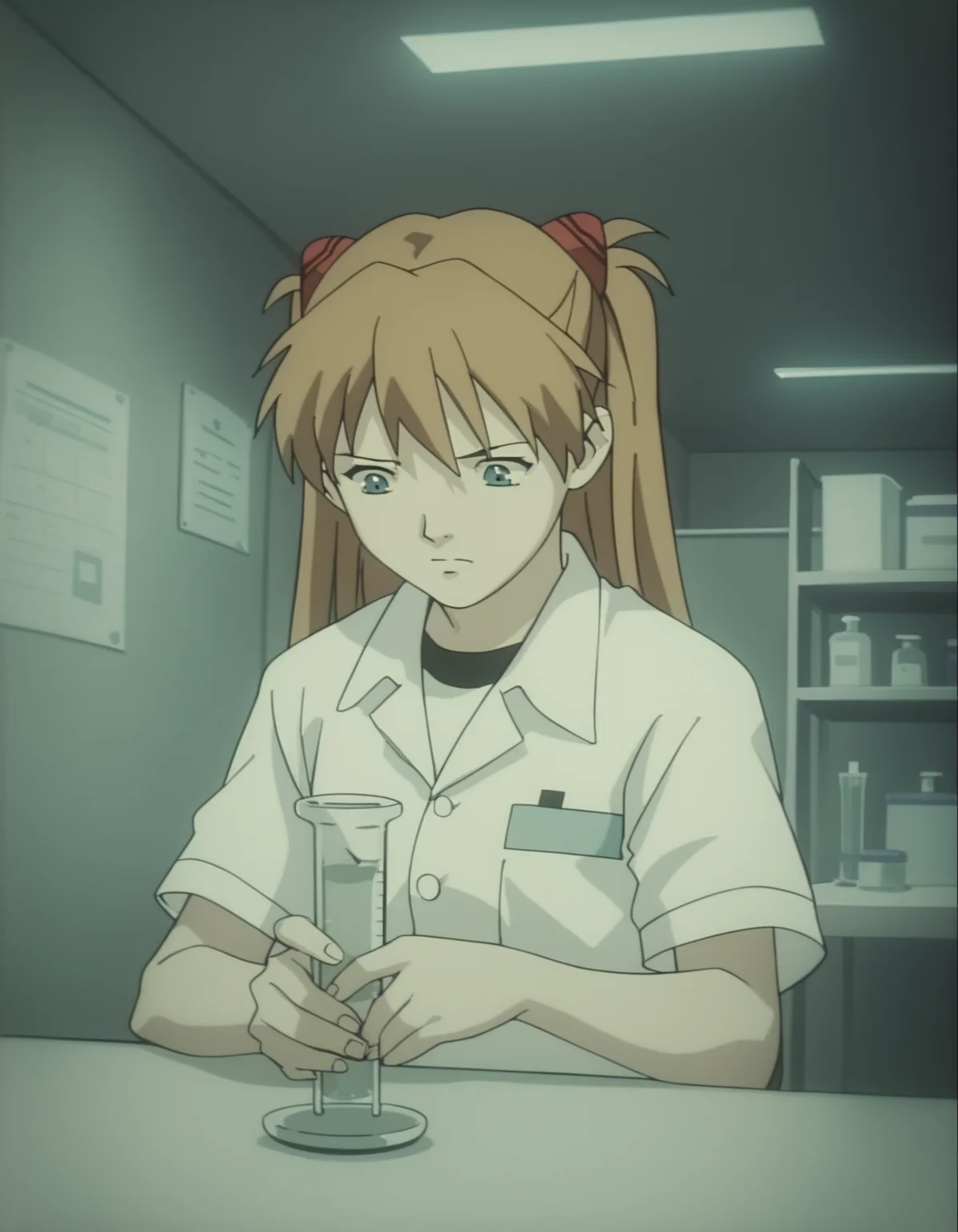 score_9, score_8_up, score_7_up, source_anime, <lora:boogiepop-2000-ponyxl:0.85> 1girl, souryuu asuka langley, test tube, hospital, muted color